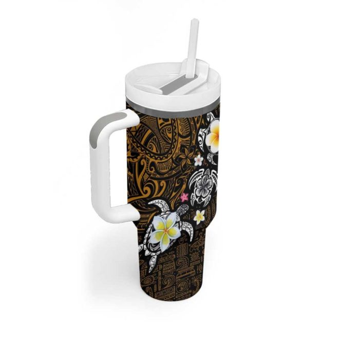 Hawaiian Turtle And Plumeria Polynesian Tattoo Custom Stanley Quencher 40Oz Stainless Steel Tumbler With Handle - Image 2