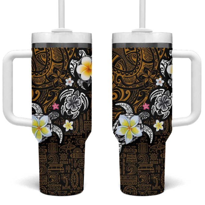 Hawaiian Turtle And Plumeria Polynesian Tattoo Custom Stanley Quencher 40Oz Stainless Steel Tumbler With Handle