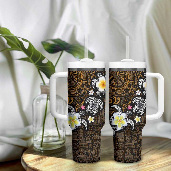 Hawaiian Turtle And Plumeria Polynesian Tattoo Custom Stanley Quencher 40Oz Stainless Steel Tumbler With Handle - Image 9