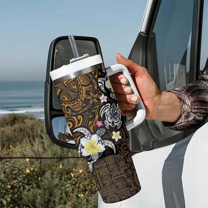Hawaiian Turtle And Plumeria Polynesian Tattoo Custom Stanley Quencher 40Oz Stainless Steel Tumbler With Handle - Image 7