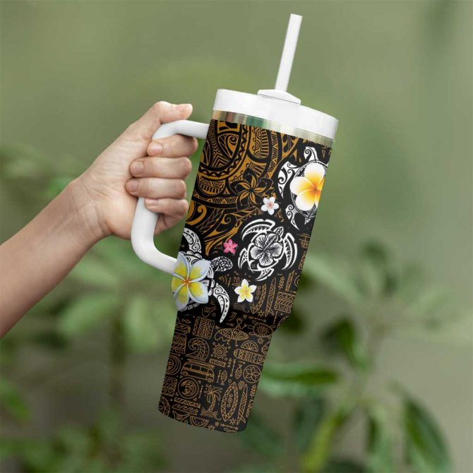 Hawaiian Turtle And Plumeria Polynesian Tattoo Custom Stanley Quencher 40Oz Stainless Steel Tumbler With Handle - Image 3