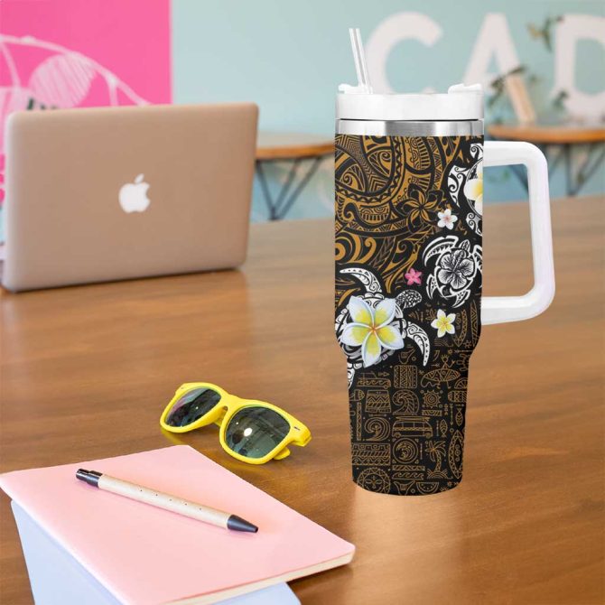 Hawaiian Turtle And Plumeria Polynesian Tattoo Custom Stanley Quencher 40Oz Stainless Steel Tumbler With Handle - Image 5