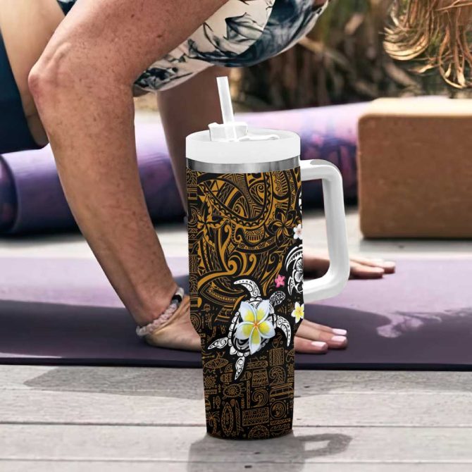 Hawaiian Turtle And Plumeria Polynesian Tattoo Custom Stanley Quencher 40Oz Stainless Steel Tumbler With Handle - Image 6