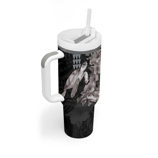 Hawaiian Turtle Love Sweet Hibiscus And Kakau Grayscale Color Custom Stanley Quencher 40Oz Stainless Steel Tumbler With Handle - Image 2