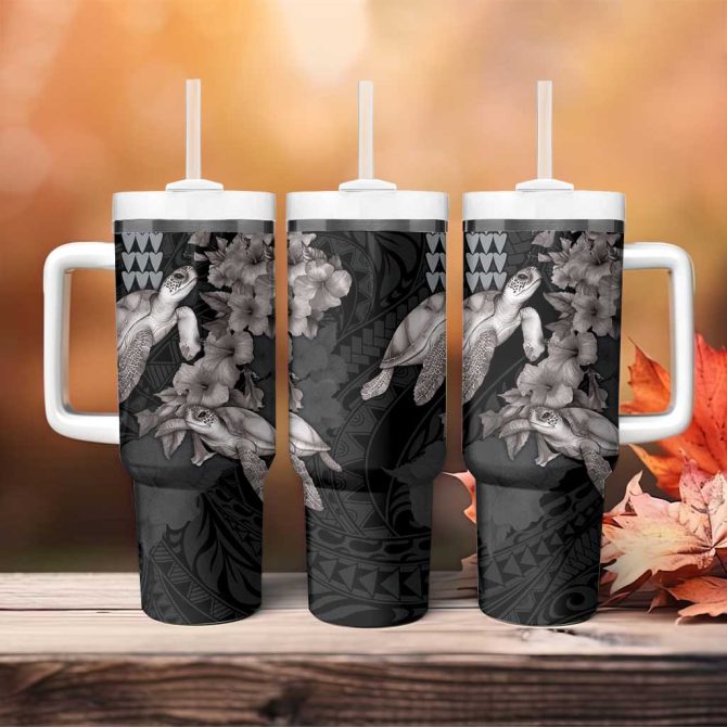 Hawaiian Turtle Love Sweet Hibiscus And Kakau Grayscale Color Custom Stanley Quencher 40Oz Stainless Steel Tumbler With Handle - Image 4