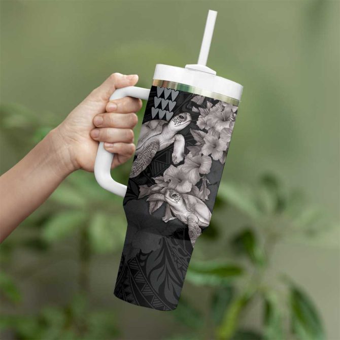Hawaiian Turtle Love Sweet Hibiscus And Kakau Grayscale Color Custom Stanley Quencher 40Oz Stainless Steel Tumbler With Handle - Image 3