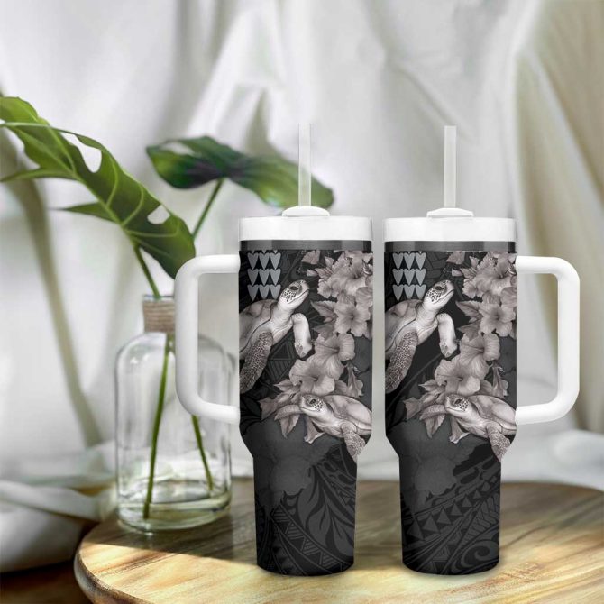 Hawaiian Turtle Love Sweet Hibiscus And Kakau Grayscale Color Custom Stanley Quencher 40Oz Stainless Steel Tumbler With Handle - Image 9