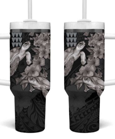 Hawaiian Turtle Love Sweet Hibiscus And Kakau Grayscale Color Custom Stanley Quencher 40Oz Stainless Steel Tumbler With Handle