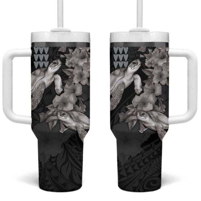 Hawaiian Turtle Love Sweet Hibiscus And Kakau Grayscale Color Custom Stanley Quencher 40Oz Stainless Steel Tumbler With Handle