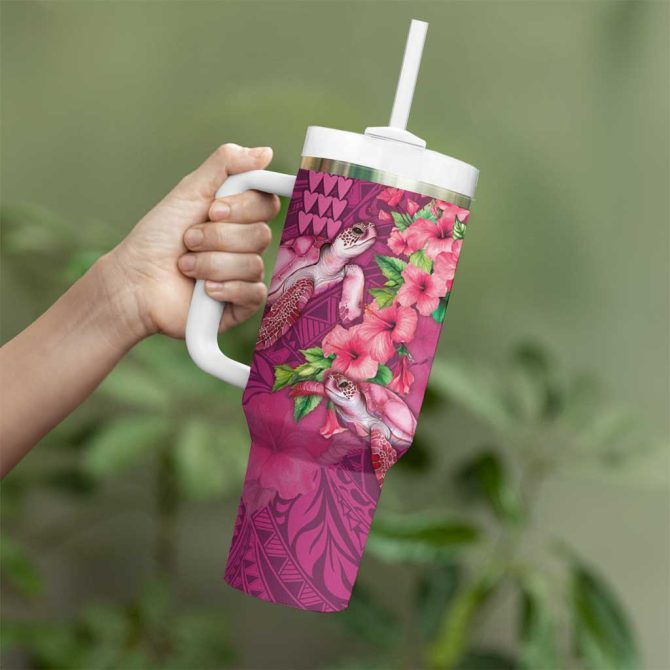 Hawaiian Turtle Love Sweet Hibiscus And Kakau Rose Color Custom Stanley Quencher 40Oz Stainless Steel Tumbler With Handle - Image 3