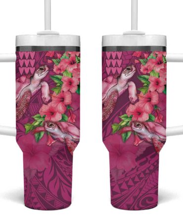 Hawaiian Turtle Love Sweet Hibiscus And Kakau Rose Color Custom Stanley Quencher 40Oz Stainless Steel Tumbler With Handle