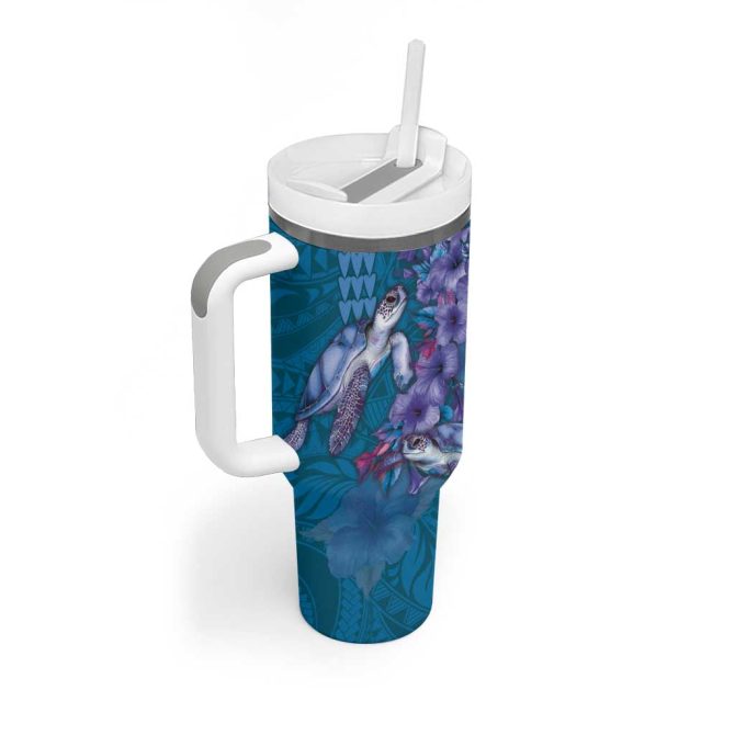 Hawaiian Turtle Love Sweet Hibiscus And Kakau Sapphire Color Custom Stanley Quencher 40Oz Stainless Steel Tumbler With Handle - Image 2