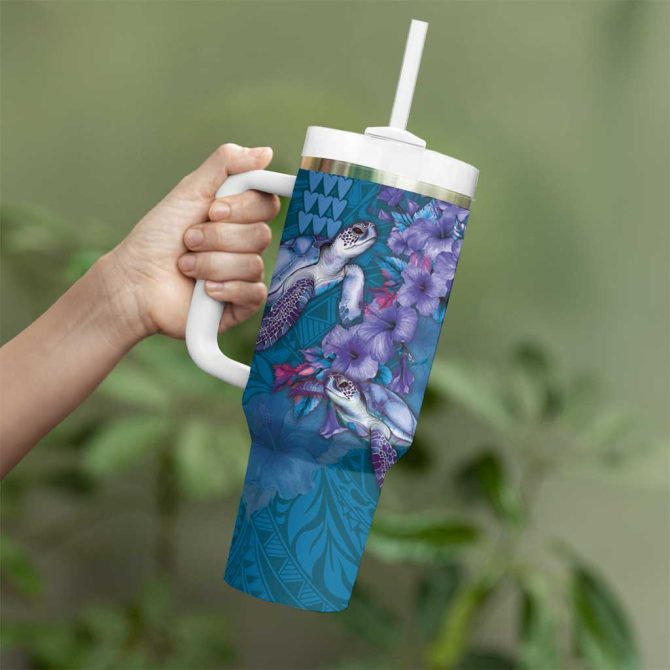 Hawaiian Turtle Love Sweet Hibiscus And Kakau Sapphire Color Custom Stanley Quencher 40Oz Stainless Steel Tumbler With Handle - Image 3