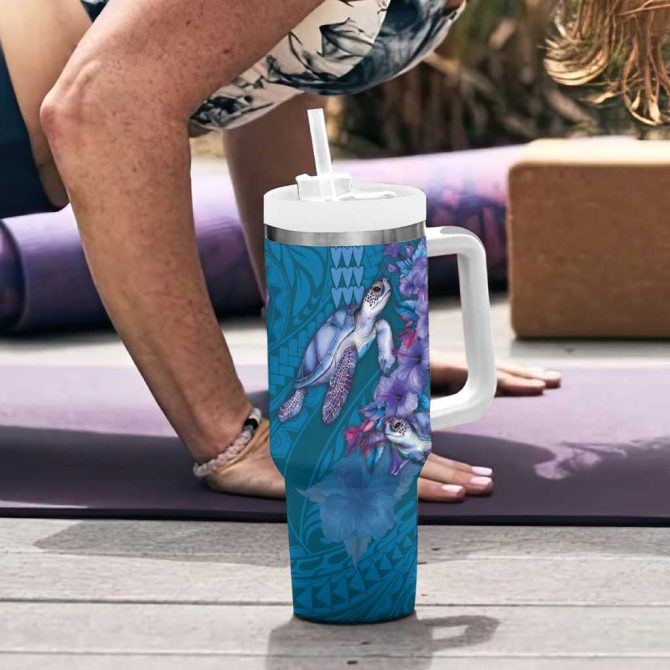 Hawaiian Turtle Love Sweet Hibiscus And Kakau Sapphire Color Custom Stanley Quencher 40Oz Stainless Steel Tumbler With Handle - Image 6