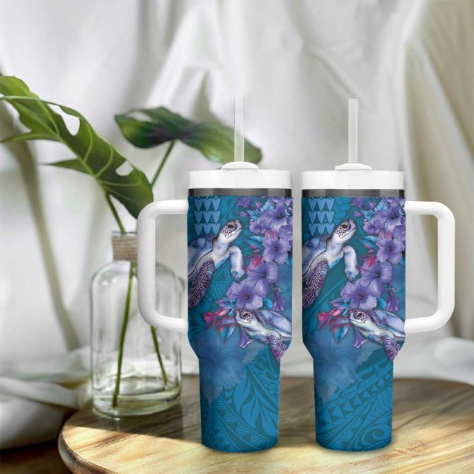 Hawaiian Turtle Love Sweet Hibiscus And Kakau Sapphire Color Custom Stanley Quencher 40Oz Stainless Steel Tumbler With Handle - Image 9