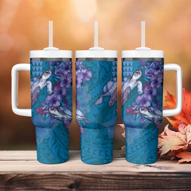 Hawaiian Turtle Love Sweet Hibiscus And Kakau Sapphire Color Custom Stanley Quencher 40Oz Stainless Steel Tumbler With Handle - Image 4