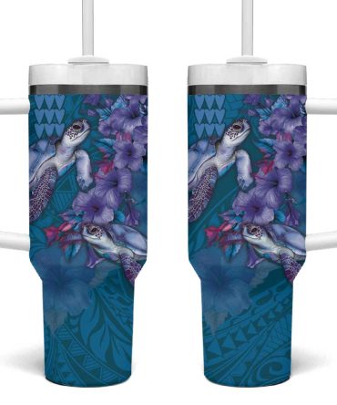 Hawaiian Turtle Love Sweet Hibiscus And Kakau Sapphire Color Custom Stanley Quencher 40Oz Stainless Steel Tumbler With Handle