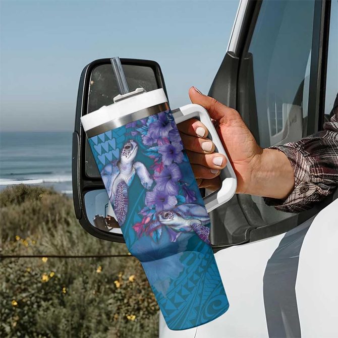 Hawaiian Turtle Love Sweet Hibiscus And Kakau Sapphire Color Custom Stanley Quencher 40Oz Stainless Steel Tumbler With Handle - Image 7