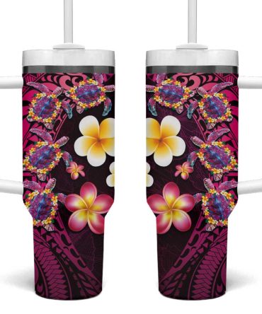 Hawaiian Turtles And Plumeria Polynesian Art Tribal Tattoo Cerise Custom Stanley Quencher 40Oz Stainless Steel Tumbler With Handle