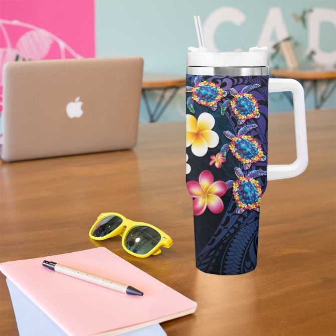 Hawaiian Turtles And Plumeria Polynesian Art Tribal Tattoo Dark Aqua Color Custom Stanley Quencher 40Oz Stainless Steel Tumbler With Handle - Image 5
