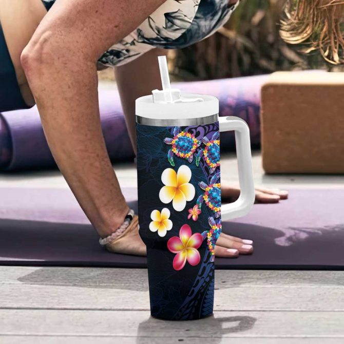 Hawaiian Turtles And Plumeria Polynesian Art Tribal Tattoo Dark Aqua Color Custom Stanley Quencher 40Oz Stainless Steel Tumbler With Handle - Image 6