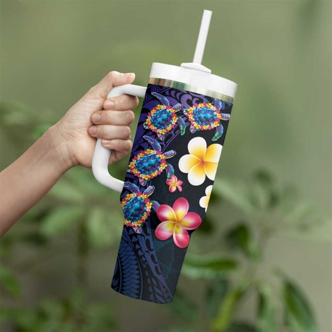 Hawaiian Turtles And Plumeria Polynesian Art Tribal Tattoo Dark Aqua Color Custom Stanley Quencher 40Oz Stainless Steel Tumbler With Handle - Image 3