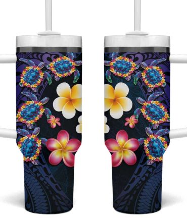 Hawaiian Turtles And Plumeria Polynesian Art Tribal Tattoo Dark Aqua Color Custom Stanley Quencher 40Oz Stainless Steel Tumbler With Handle