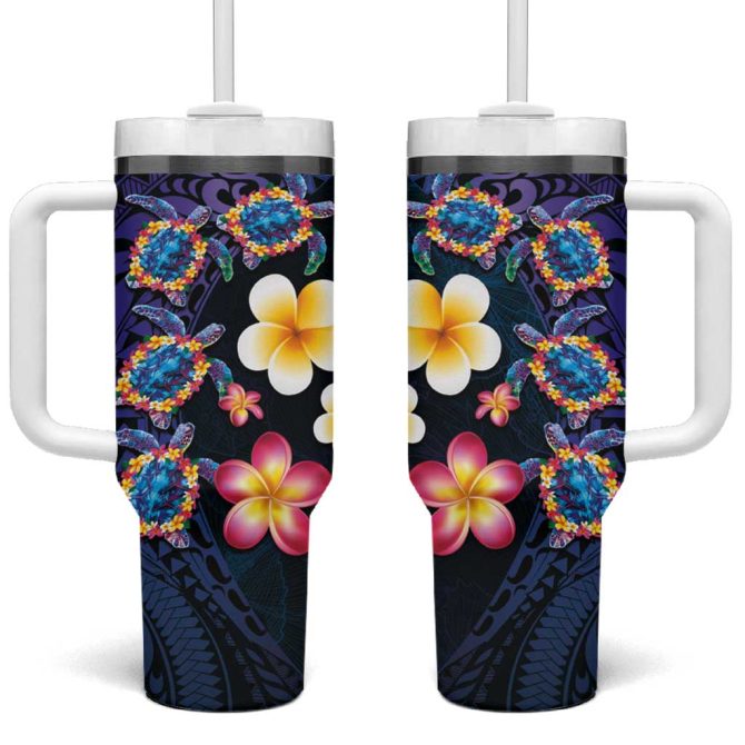 Hawaiian Turtles And Plumeria Polynesian Art Tribal Tattoo Dark Aqua Color Custom Stanley Quencher 40Oz Stainless Steel Tumbler With Handle