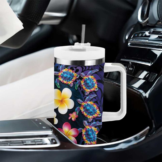 Hawaiian Turtles And Plumeria Polynesian Art Tribal Tattoo Dark Aqua Color Custom Stanley Quencher 40Oz Stainless Steel Tumbler With Handle - Image 8