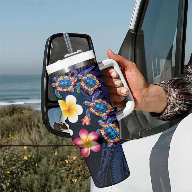 Hawaiian Turtles And Plumeria Polynesian Art Tribal Tattoo Dark Aqua Color Custom Stanley Quencher 40Oz Stainless Steel Tumbler With Handle - Image 7