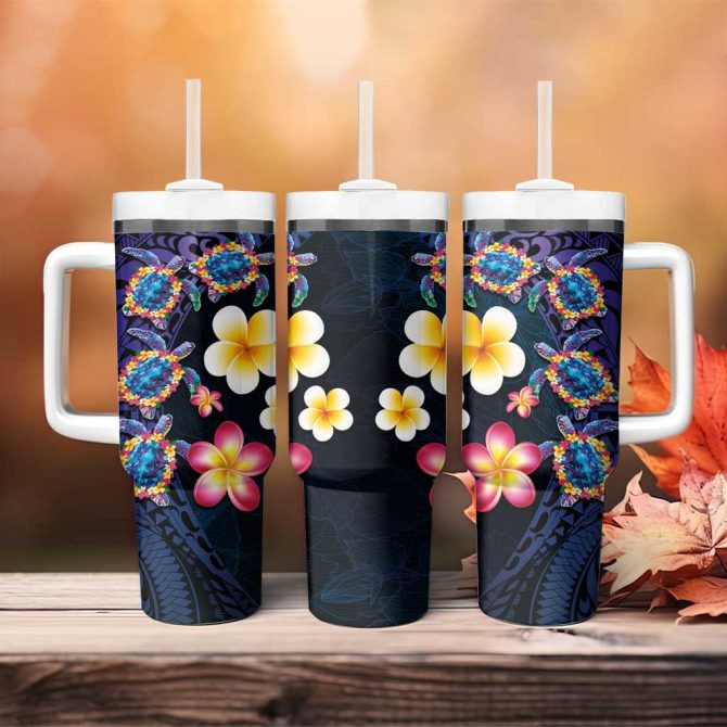 Hawaiian Turtles And Plumeria Polynesian Art Tribal Tattoo Dark Aqua Color Custom Stanley Quencher 40Oz Stainless Steel Tumbler With Handle - Image 4
