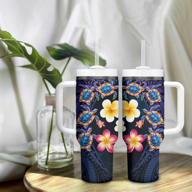 Hawaiian Turtles And Plumeria Polynesian Art Tribal Tattoo Dark Aqua Color Custom Stanley Quencher 40Oz Stainless Steel Tumbler With Handle - Image 9