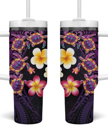 Hawaiian Turtles And Plumeria Polynesian Art Tribal Tattoo Deep Violet Color Custom Stanley Quencher 40Oz Stainless Steel Tumbler With Handle