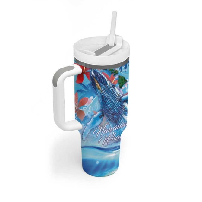 Hawaiian Waves Whale Kakau Art And Tropical Red Hibiscus Flowers Custom Stanley Quencher 40Oz Stainless Steel Tumbler With Handle - Image 2