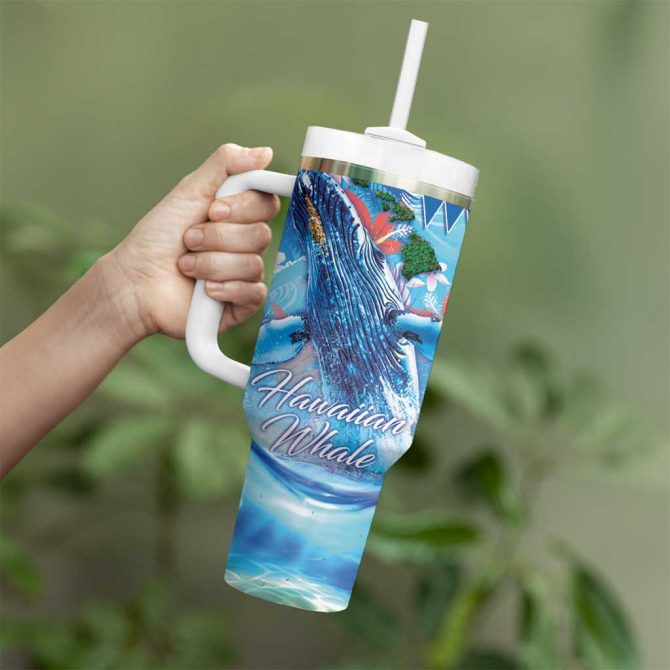 Hawaiian Waves Whale Kakau Art And Tropical Red Hibiscus Flowers Custom Stanley Quencher 40Oz Stainless Steel Tumbler With Handle - Image 3