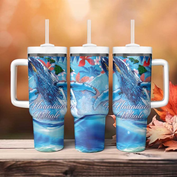 Hawaiian Waves Whale Kakau Art And Tropical Red Hibiscus Flowers Custom Stanley Quencher 40Oz Stainless Steel Tumbler With Handle - Image 4
