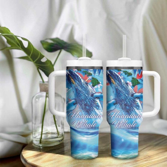 Hawaiian Waves Whale Kakau Art And Tropical Red Hibiscus Flowers Custom Stanley Quencher 40Oz Stainless Steel Tumbler With Handle - Image 9