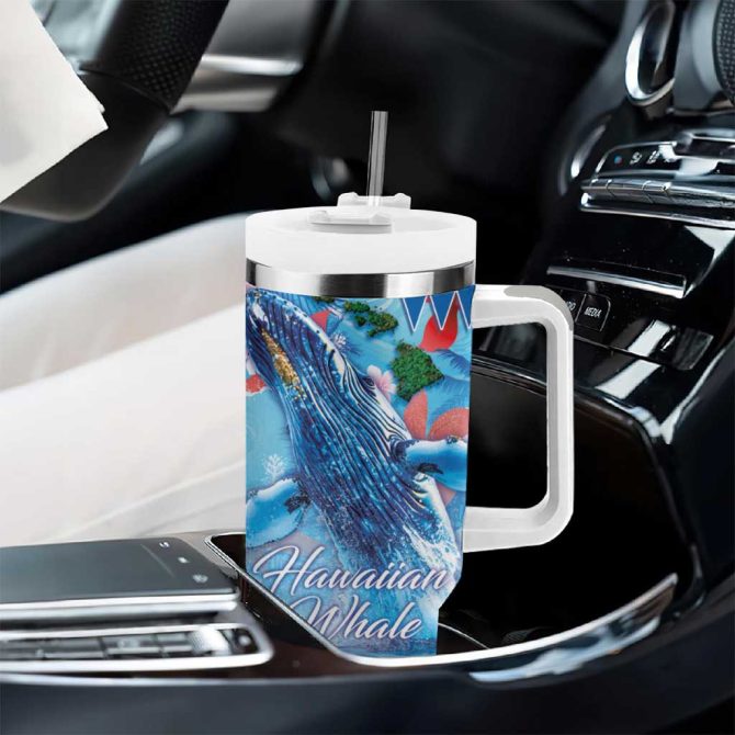 Hawaiian Waves Whale Kakau Art And Tropical Red Hibiscus Flowers Custom Stanley Quencher 40Oz Stainless Steel Tumbler With Handle - Image 8