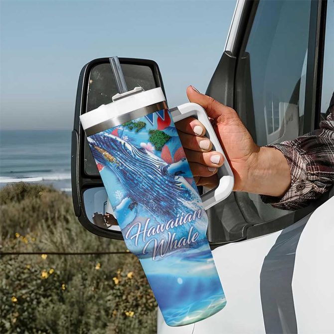 Hawaiian Waves Whale Kakau Art And Tropical Red Hibiscus Flowers Custom Stanley Quencher 40Oz Stainless Steel Tumbler With Handle - Image 7