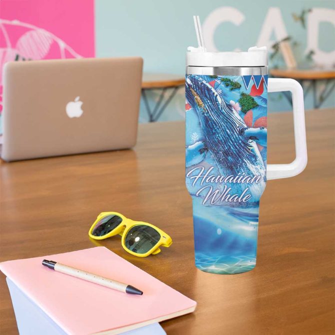 Hawaiian Waves Whale Kakau Art And Tropical Red Hibiscus Flowers Custom Stanley Quencher 40Oz Stainless Steel Tumbler With Handle - Image 5