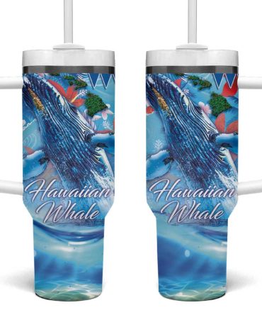 Hawaiian Waves Whale Kakau Art And Tropical Red Hibiscus Flowers Custom Stanley Quencher 40Oz Stainless Steel Tumbler With Handle