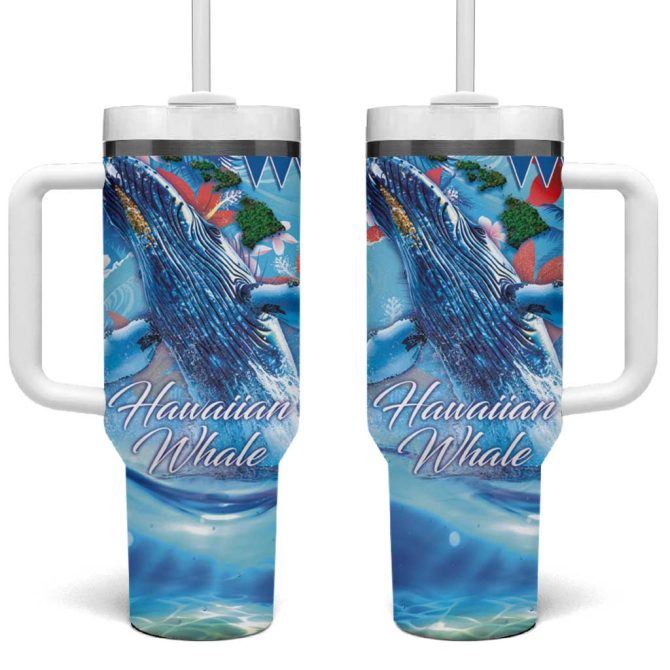 Hawaiian Waves Whale Kakau Art And Tropical Red Hibiscus Flowers Custom Stanley Quencher 40Oz Stainless Steel Tumbler With Handle
