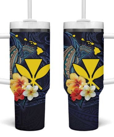 Hawaiian Whale And Kanaka Maoli Symbol Hibiscus Custom Stanley Quencher 40Oz Stainless Steel Tumbler With Handle