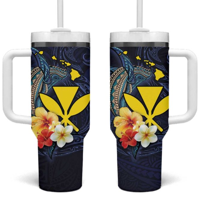 Hawaiian Whale And Kanaka Maoli Symbol Hibiscus Custom Stanley Quencher 40Oz Stainless Steel Tumbler With Handle