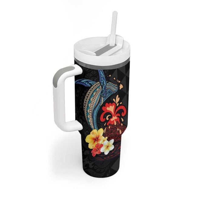 Hawaiian Whale And Volcanic Eruption Hibiscus And Kakau Custom Stanley Quencher 40Oz Stainless Steel Tumbler With Handle - Image 2