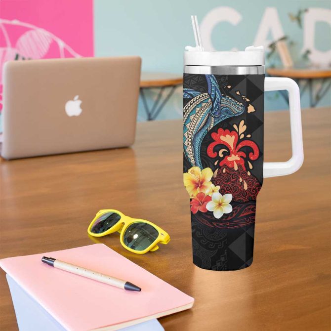 Hawaiian Whale And Volcanic Eruption Hibiscus And Kakau Custom Stanley Quencher 40Oz Stainless Steel Tumbler With Handle - Image 5