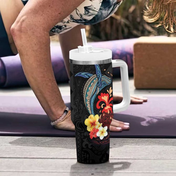 Hawaiian Whale And Volcanic Eruption Hibiscus And Kakau Custom Stanley Quencher 40Oz Stainless Steel Tumbler With Handle - Image 6