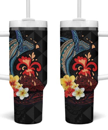 Hawaiian Whale And Volcanic Eruption Hibiscus And Kakau Custom Stanley Quencher 40Oz Stainless Steel Tumbler With Handle
