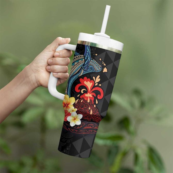 Hawaiian Whale And Volcanic Eruption Hibiscus And Kakau Custom Stanley Quencher 40Oz Stainless Steel Tumbler With Handle - Image 3