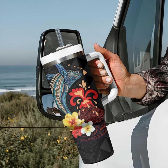 Hawaiian Whale And Volcanic Eruption Hibiscus And Kakau Custom Stanley Quencher 40Oz Stainless Steel Tumbler With Handle - Image 7
